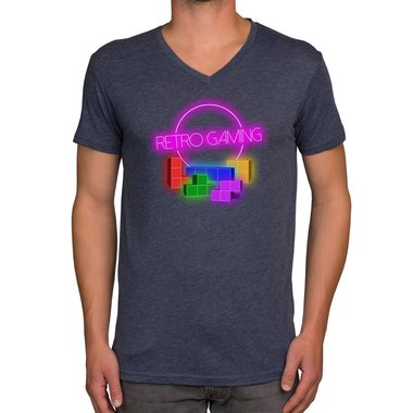 Herren T-Shirt - V-Ausschnitt - Retro Gaming dunkelblau-bunt S