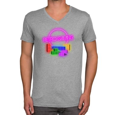 Herren T-Shirt - V-Ausschnitt - Retro Gaming dunkelblau-bunt S