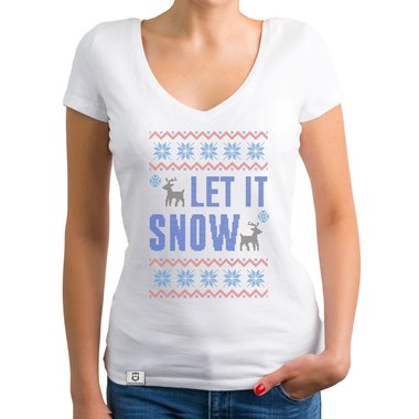 Damen T-Shirt V-Ausschnitt - Let it snow weiss-blau XXL