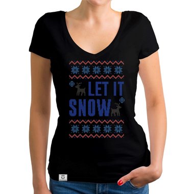 Damen T-Shirt V-Ausschnitt - Let it snow weiss-blau XXL