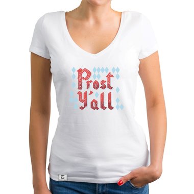 Damen T-Shirt V-Ausschnitt - Prost Yall weiss-rot XXL
