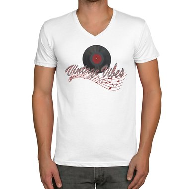 Herren T-Shirt - V-Ausschnitt - Vintage Vibes weiss-rot XXXL