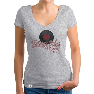 Damen T-Shirt V-Ausschnitt - Vintage Vibes dunkelgrau-rot XS