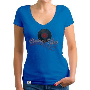 Damen T-Shirt V-Ausschnitt - Vintage Vibes dunkelgrau-rot XS