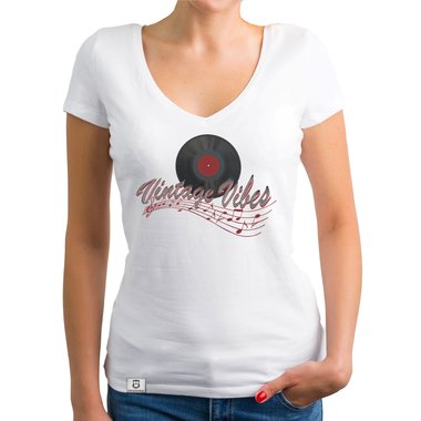 Damen T-Shirt V-Ausschnitt - Vintage Vibes weiss-rot XXL