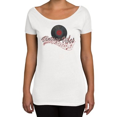 Damen T-Shirt U-Boot-Ausschnitt - Vintage Vibes oliv-rot XS