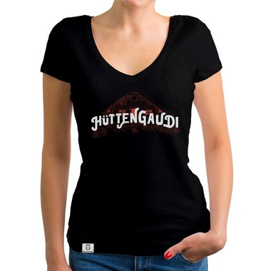 Damen T-Shirt V-Ausschnitt - Httengaudi weiss-schwarz XXL
