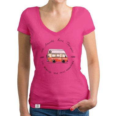 Damen T-Shirt V-Ausschnitt - Ich brauche nur mein Wohnmobil fuchsia-schwarz XS