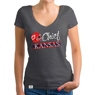 Damen T-Shirt V-Ausschnitt - Chief - Kansas dunkelgrau-rot XS