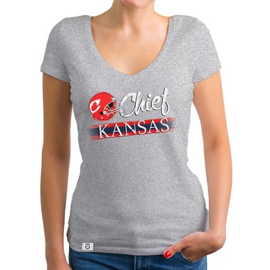 Damen T-Shirt V-Ausschnitt - Chief - Kansas dunkelgrau-rot XS