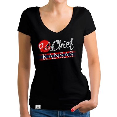 Damen T-Shirt V-Ausschnitt - Chief - Kansas dunkelgrau-rot XS