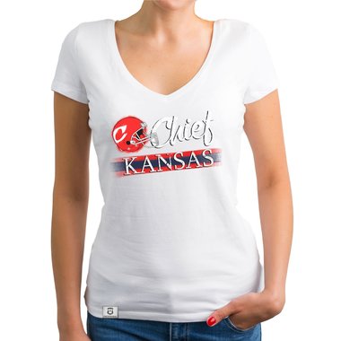 Damen T-Shirt V-Ausschnitt - Chief - Kansas dunkelgrau-rot XS