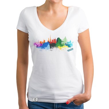 Damen T-Shirt V-Ausschnitt - Hamburg Aquarell weiss-bunt XXL