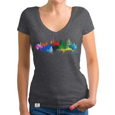 Damen T-Shirt V-Ausschnitt - Hamburg Aquarell weiss-bunt XXL