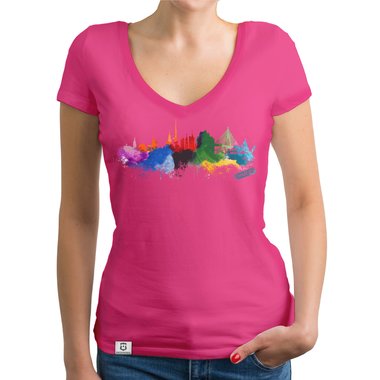 Damen T-Shirt V-Ausschnitt - Hamburg Aquarell weiss-bunt XXL