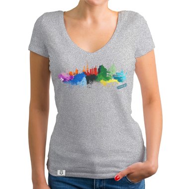 Damen T-Shirt V-Ausschnitt - Hamburg Aquarell weiss-bunt XXL