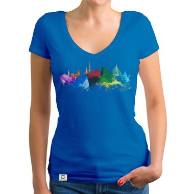 Damen T-Shirt V-Ausschnitt - Hamburg Aquarell weiss-bunt XXL