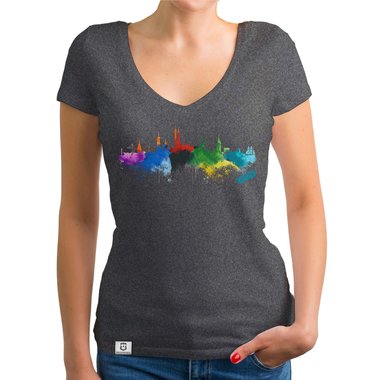 Damen T-Shirt V-Ausschnitt - Rostock Aquarell dunkelgrau-bunt XS