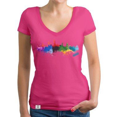 Damen T-Shirt V-Ausschnitt - Rostock Aquarell dunkelgrau-bunt XS