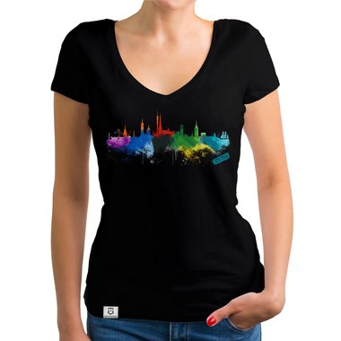 Damen T-Shirt V-Ausschnitt - Rostock Aquarell dunkelgrau-bunt XS