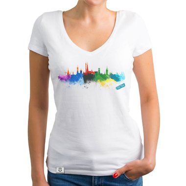 Damen T-Shirt V-Ausschnitt - Rostock Aquarell dunkelgrau-bunt XS