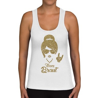 Damen JGA Tank Top - Team Braut - Rock N�Roll weiss-schwarzglitzer XXL