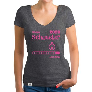 Damen T-Shirt V-Ausschnitt - Gro�e Schwester 2020 loading dunkelgrau-fuchsia XS