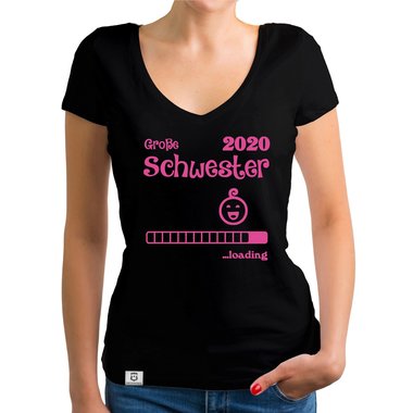 Damen T-Shirt V-Ausschnitt - Gro�e Schwester 2020 loading dunkelgrau-fuchsia XS