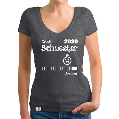 Damen T-Shirt V-Ausschnitt - Gro�e Schwester 2020 loading dunkelgrau-fuchsia XS