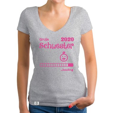 Damen T-Shirt V-Ausschnitt - Gro�e Schwester 2020 loading dunkelgrau-fuchsia XS
