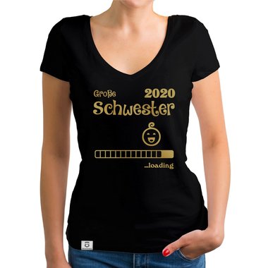 Damen T-Shirt V-Ausschnitt - Gro�e Schwester 2020 loading weiss-silberglitzer XXL