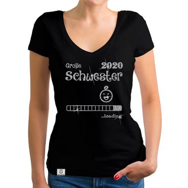Damen T-Shirt V-Ausschnitt - Gro�e Schwester 2020 loading weiss-silberglitzer XXL
