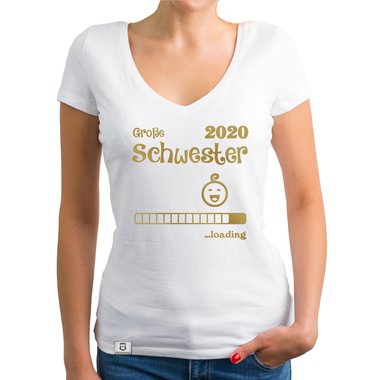 Damen T-Shirt V-Ausschnitt - Gro�e Schwester 2020 loading weiss-silberglitzer XXL