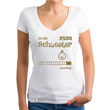 Damen T-Shirt V-Ausschnitt - Gro�e Schwester 2020 loading weiss-silberglitzer XXL