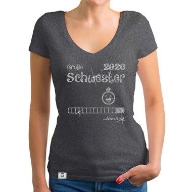 Damen T-Shirt V-Ausschnitt - Gro�e Schwester 2020 loading weiss-silberglitzer XXL