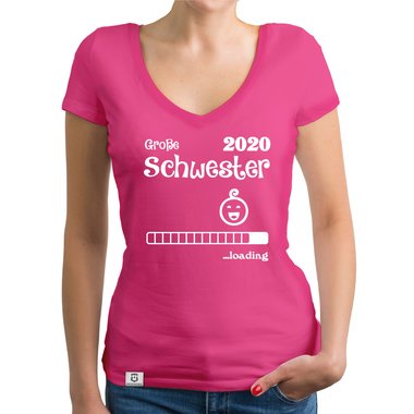 Damen T-Shirt V-Ausschnitt - Gro�e Schwester 2020 loading weiss-silberglitzer XXL