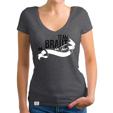 Damen JGA T-Shirt V-Ausschnitt - Team Braut on Tour - Personalisierbar dunkelgrau-gold XS