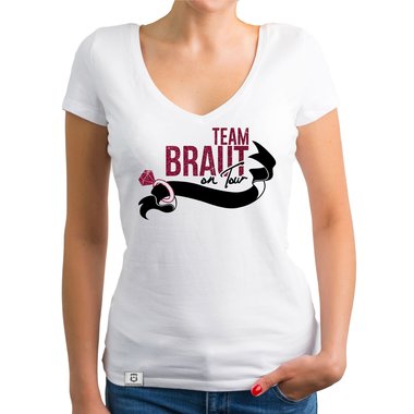 Damen JGA T-Shirt V-Ausschnitt - Team Braut on Tour - Personalisierbar weiss-pinkglitzer XXL