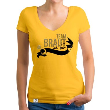 Damen JGA T-Shirt V-Ausschnitt - Team Braut on Tour - Personalisierbar weiss-pinkglitzer XXL