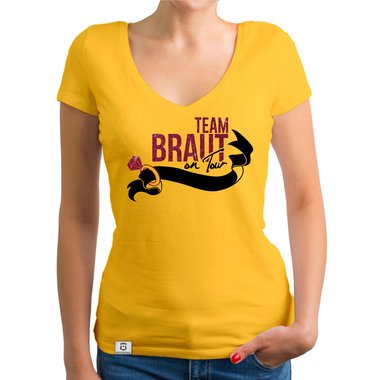 Damen JGA T-Shirt V-Ausschnitt - Team Braut on Tour - Personalisierbar weiss-pinkglitzer XXL