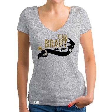 Damen JGA T-Shirt V-Ausschnitt - Team Braut on Tour - Personalisierbar weiss-pinkglitzer XXL