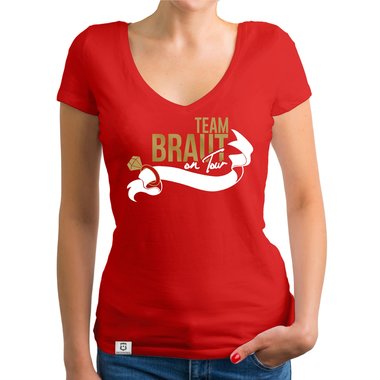 Damen JGA T-Shirt V-Ausschnitt - Team Braut on Tour - Personalisierbar weiss-pinkglitzer XXL