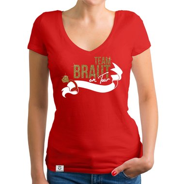 Damen JGA T-Shirt V-Ausschnitt - Team Braut on Tour - Personalisierbar weiss-pinkglitzer XXL