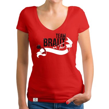 Damen JGA T-Shirt V-Ausschnitt - Team Braut on Tour - Personalisierbar weiss-pinkglitzer XXL