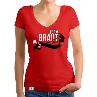 Damen JGA T-Shirt V-Ausschnitt - Team Braut on Tour - Personalisierbar weiss-pinkglitzer XXL
