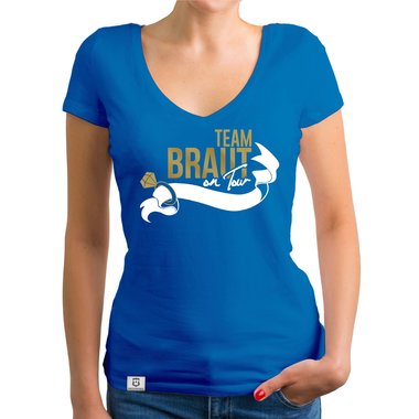 Damen JGA T-Shirt V-Ausschnitt - Team Braut on Tour - Personalisierbar weiss-pinkglitzer XXL