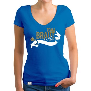 Damen JGA T-Shirt V-Ausschnitt - Team Braut on Tour - Personalisierbar weiss-pinkglitzer XXL