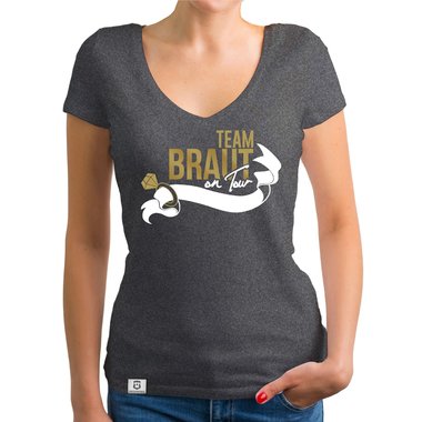 Damen JGA T-Shirt V-Ausschnitt - Team Braut on Tour - Personalisierbar weiss-pinkglitzer XXL