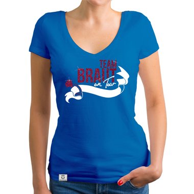 Damen JGA T-Shirt V-Ausschnitt - Team Braut on Tour - Personalisierbar weiss-pinkglitzer XXL