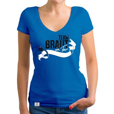 Damen JGA T-Shirt V-Ausschnitt - Team Braut on Tour - Personalisierbar weiss-pinkglitzer XXL